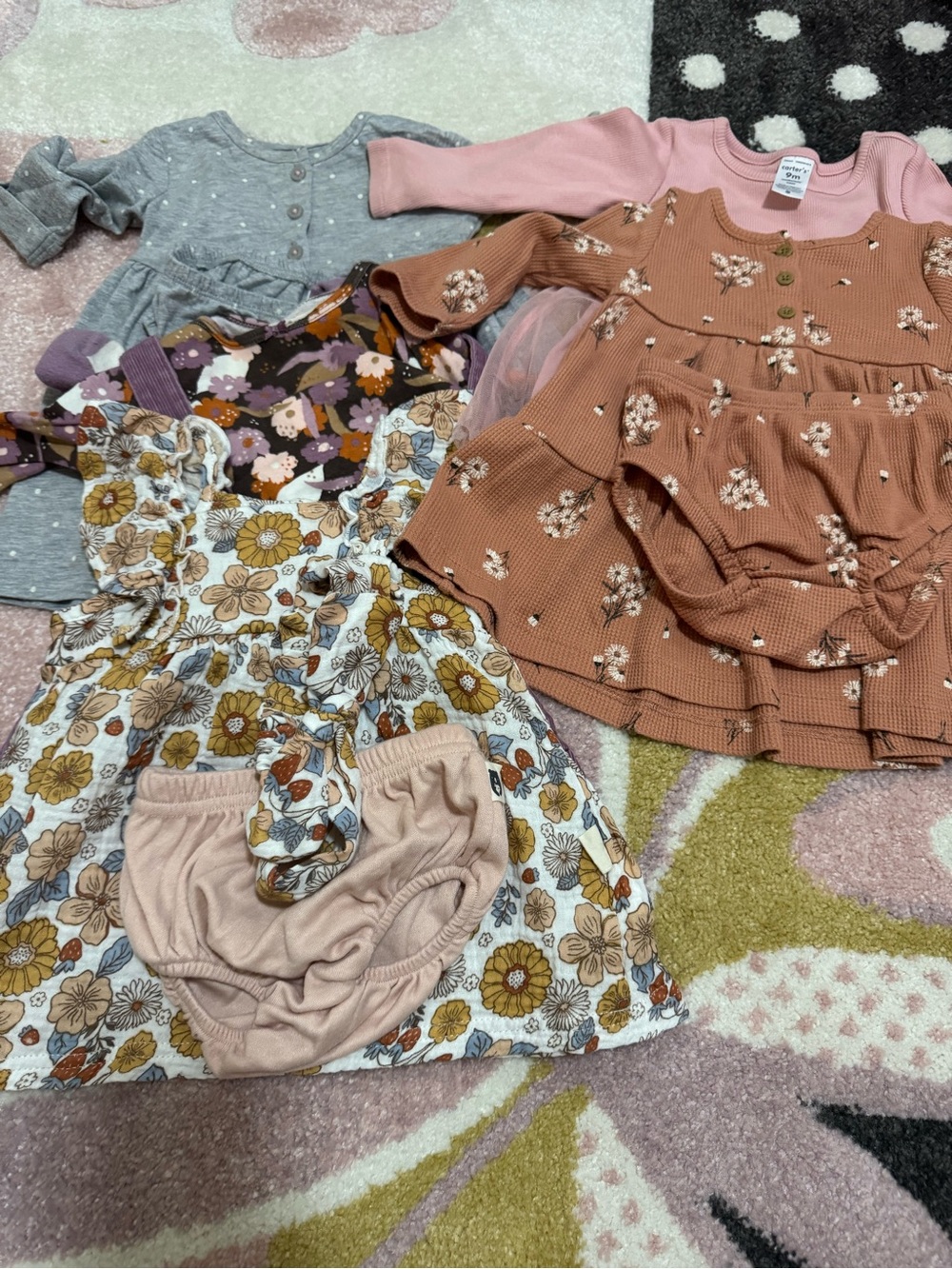 5 Carter's/ Rabbit Bear Floral & Ribbed Ruffle Dress Set - Pink, Brown, Rust
